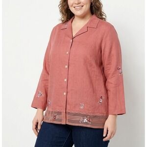 Vintage Edward Woman Pink Red Linen Floral Embroidered Cottage Button Down 3X
